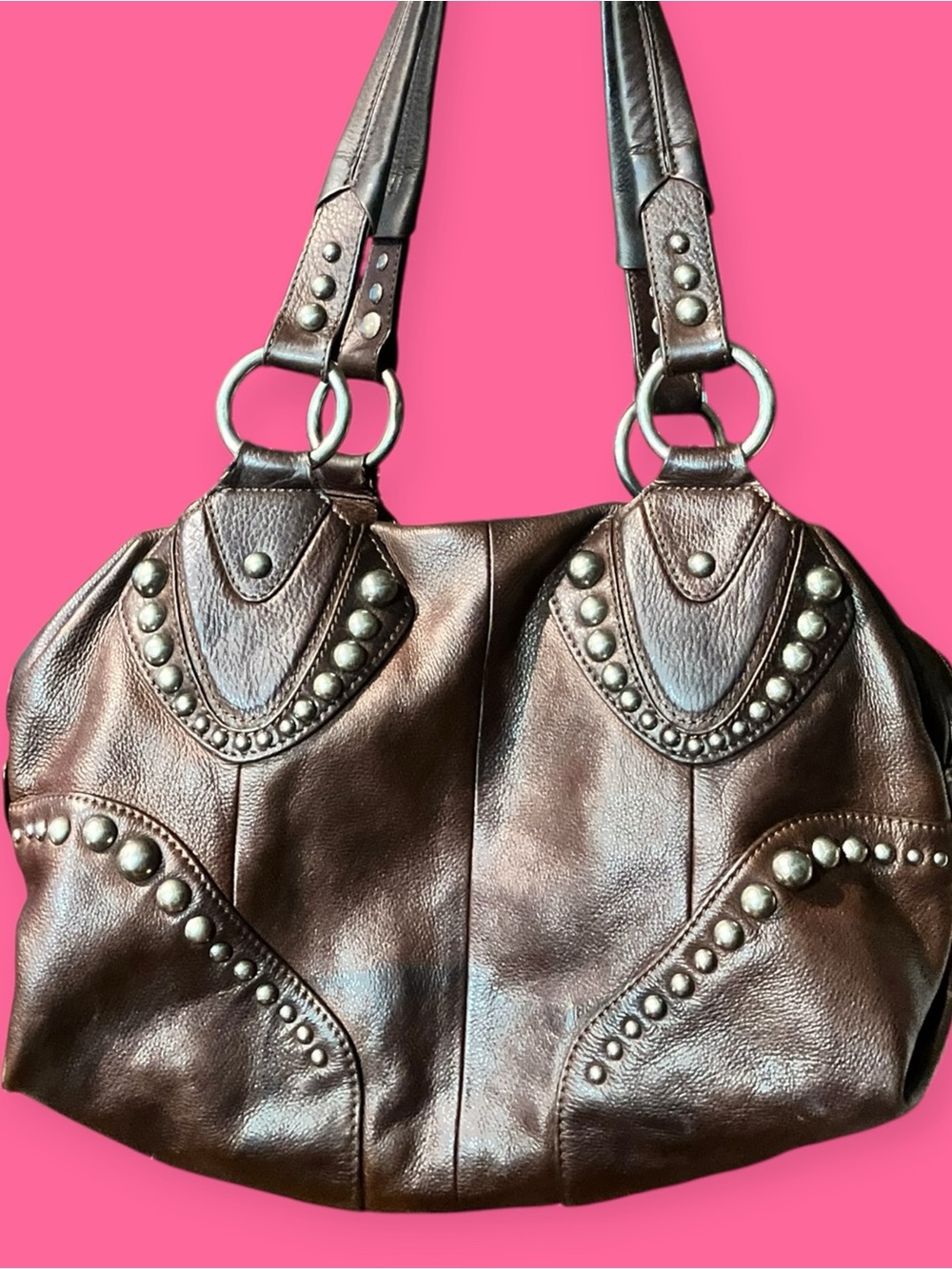 Studded Brown Leather Shoulder Bag - Picture 8 of 9